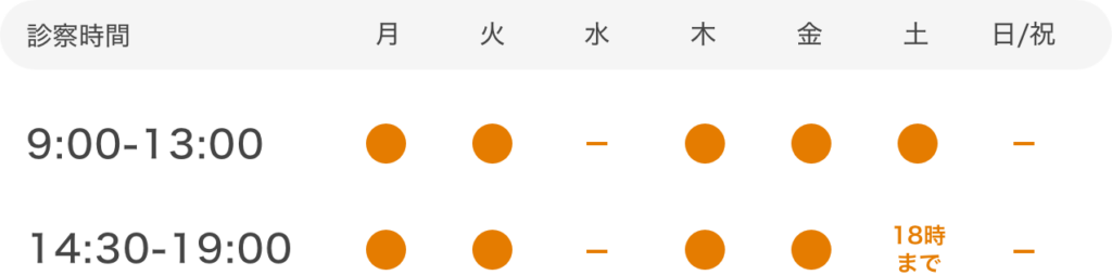 診療時間
9:00~13:00,14:30~19:00
水曜・日曜・祝日定休日